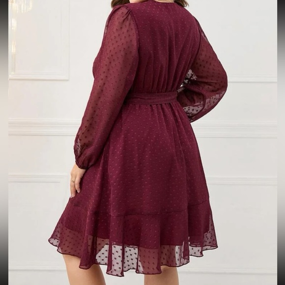 Burgundy plus size  bishop sleeve ruffle hem belted mini dress - Picture 2 of 6